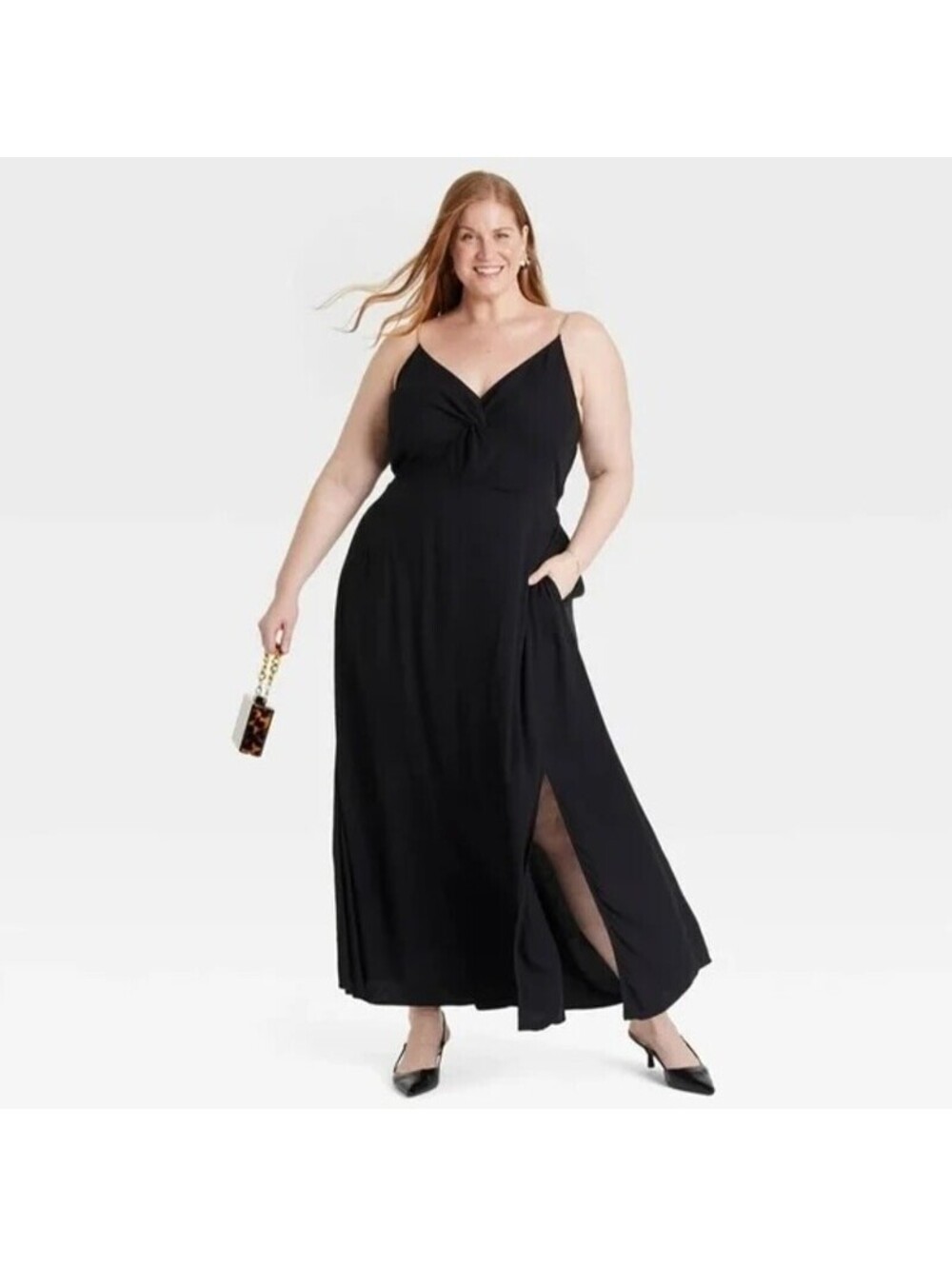 Ava & Viv Slit Maxi Dress Womens XXL Gold Chain Straps Formal Date Night Flowy